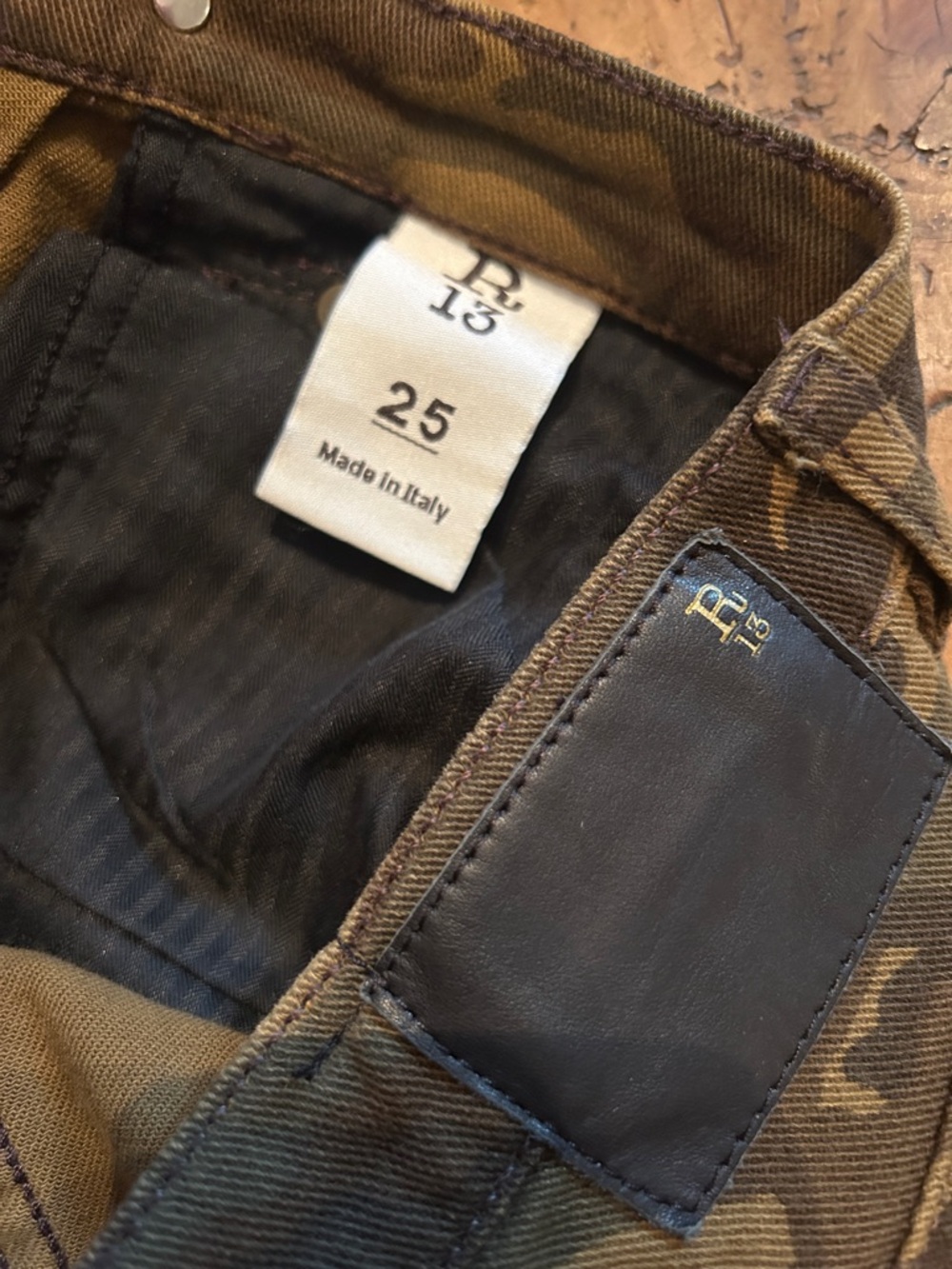 R13 sz 25 CAMO X-OVER Camouflage Skinny Jeans in Brown and Olive Tones - Picture 4 of 8